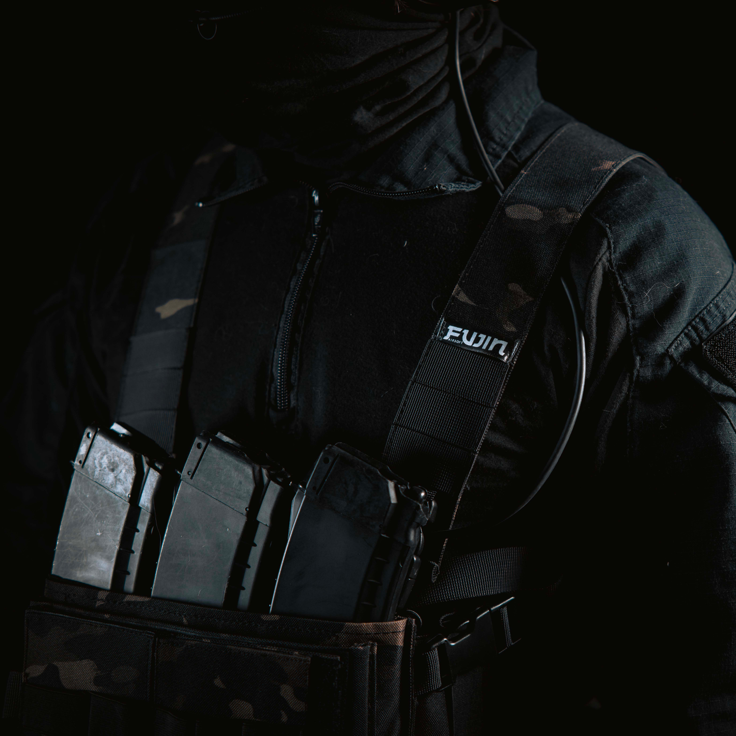 Fujin TENKU-S6 modular chest rig worn during an airsoft game